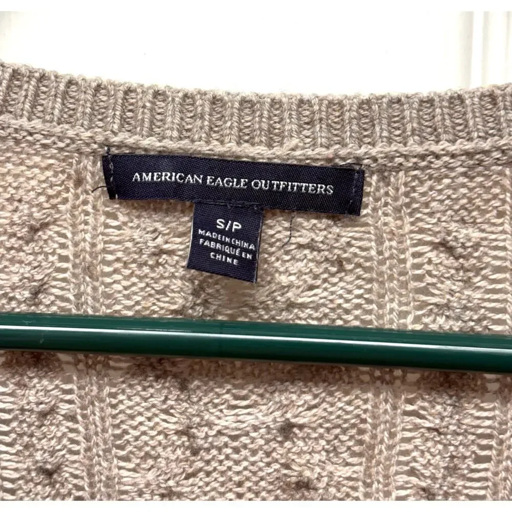 American Eagle Sweater, Crew Cable Knit, Light Brown Cotton Wool, Women's Size S
